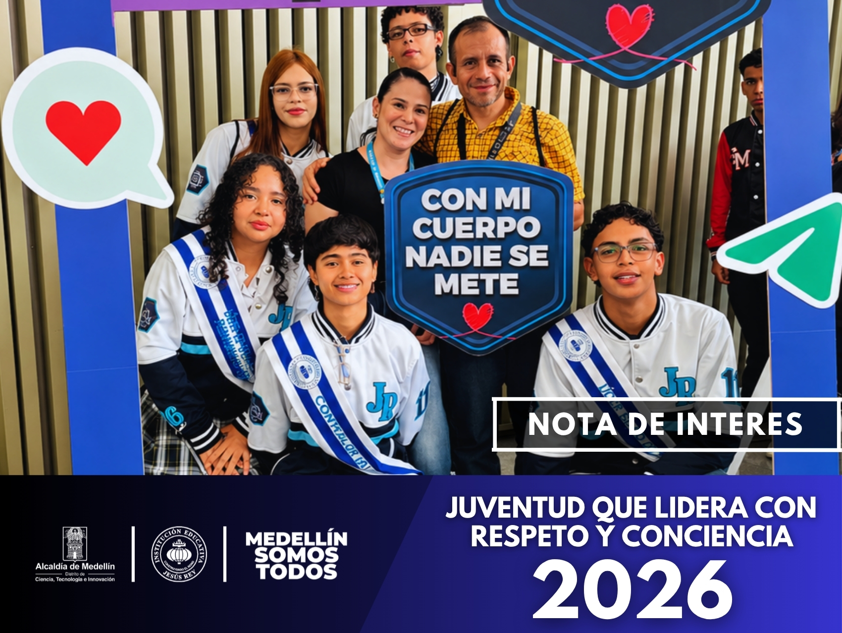 Líderes estudiantiles participaron en la campaña “Con mi cuerpo nadie se mete”, junto al rector John Fredy Corrales y la psicóloga Karla Areiza, promoviendo respeto y protección.